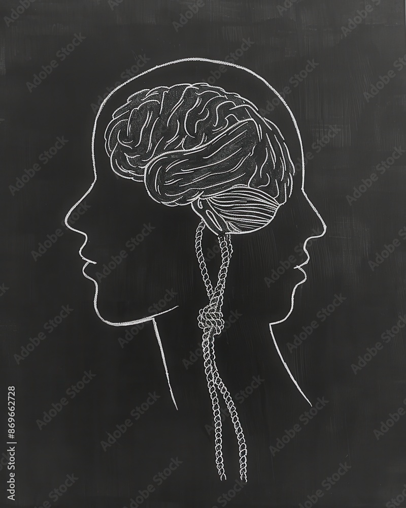 Wall mural artistic outline of two human profiles with brain and spinal cord illustration on chalkboard backgro