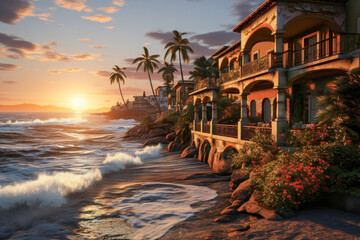Obraz premium Coastal Sunset Over Mediterranean Villas