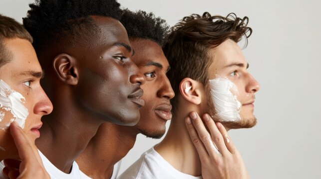 Studio shot of a diverse group of young men, each practicing skincare routines, promoting a healthy lifestyle together