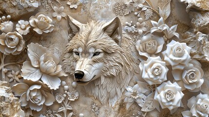 Beautiful wolf 3d relief wallpaper. Mural wallpaper. Wall art. AI generated illustration