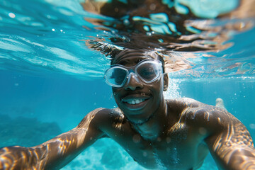 Naklejka premium African-American man underwater wearing goggles takes a selfie while snorkeling in clear water. Travel adventure excitement of exploring marine life. Vacation timespending activitity diving snorkeling