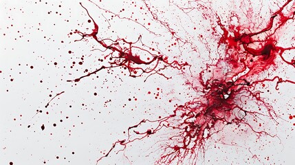 Intricate patterns formed by ruby paint splatters, adding visual interest to a blank white canvas.