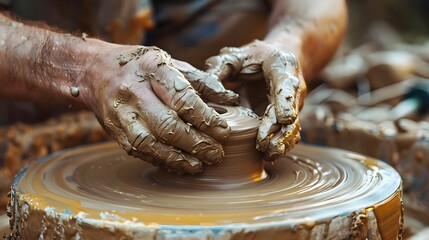 Crafting with Clay. Hands shaping a piece of clay on a pottery wheel, with wet clay and tools in the background.
