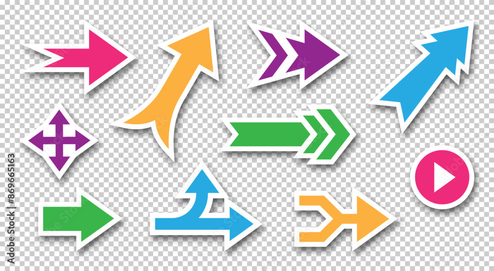 Poster Arrow stickers. Pointer icons. Round button. Rotate or swirl label. Straight or curve way symbols. Smooth marker shape with shadow. Navigation banner. Vector direction color signs set