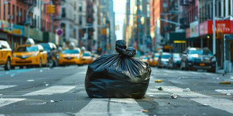 Obraz premium Global environmental pollution. Two plastic rubbish garbage trash bags on big city street in the middle of road. Cleaning of the living town zone. Environmental conservation ecology concept. 