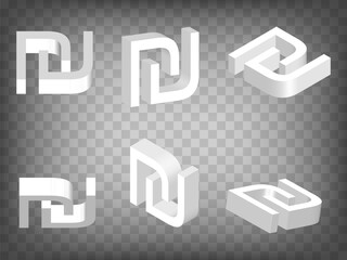 Set of perspective projections 3d Israeli shekel  Sign model icons on transparent background.  High detailed 3d sign of sraeli shekel.  Abstract concept of graphic elements for your design. EPS 10
