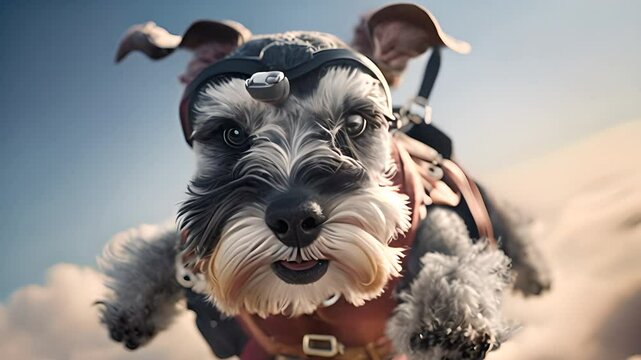 Funny schnauzer dog skydiving with parachute, humorous pet adventure concept
