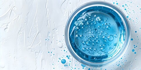 Blue Skincare Serum in Petri Dish with Gel Texture - Top View. Concept Skincare, Serum, Blue, Petri Dish, Gel Texture