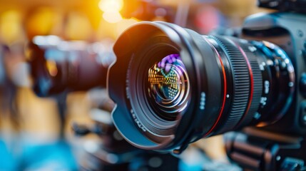 Professional video camera lens. Close-up of a professional video camera lens, ready to capture high-quality footage.