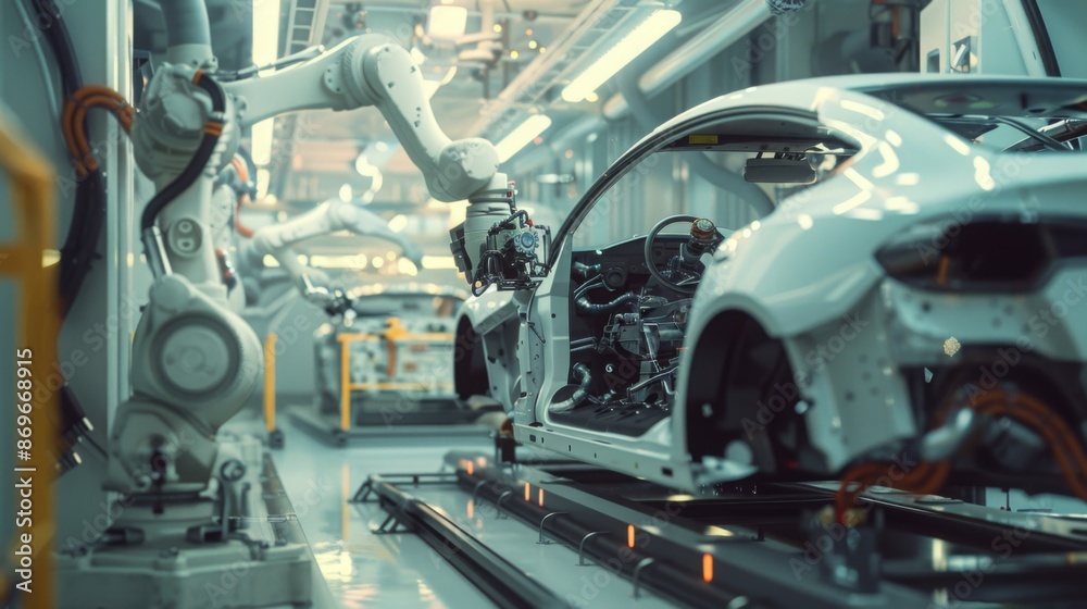 Poster a robotic arm in an automotive factory assembles a car body on a moving assembly line.