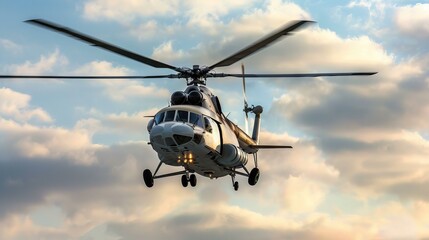 Helicopter in flight at sunset. A helicopter soars through the sky against a backdrop of clouds and the warm glow of the setting sun.