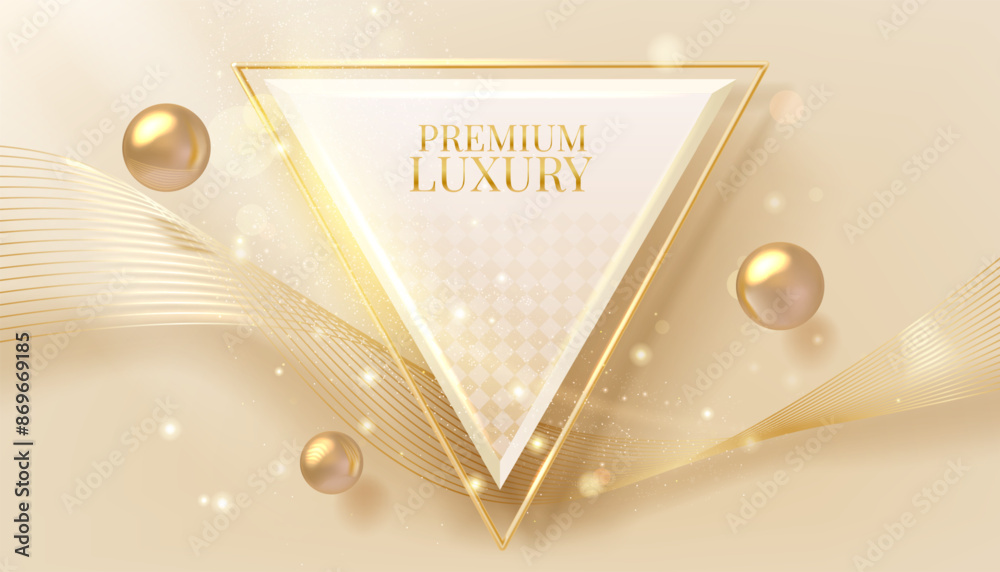 Poster gold ribbon. golden banner frame with 3d line elements. premium curve light wave effect. glittering 