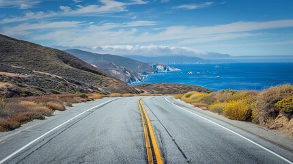 Open road coastal highway scenic drive. Empty asphalt highway winding along a beautiful coastline, offering stunning ocean views and inviting a scenic road trip adventure.