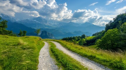 Idyllic mountain path at sunset. Explore a serene mountain path amidst a picturesque landscape. Discover the beauty of nature with this captivating image.