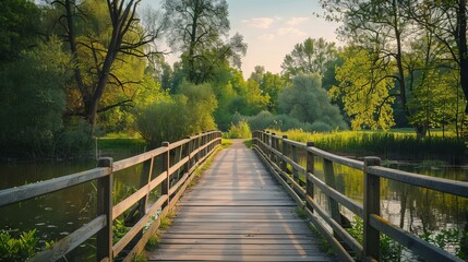 Obraz premium Wooden bridge in park at sunset. Tranquil park scene with wooden bridge over water at sunset. Perfect for travel, nature, or relaxation themes.