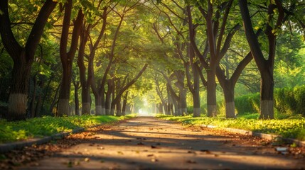 Fototapeta premium Golden hour tree lined road. Sunlight streams through a tree lined road in the park, casting warm light and long shadows on the path.