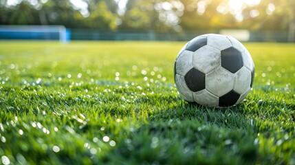 Fototapeta premium Soccer ball on green field, ready for game. Classic black and white soccer ball on a lush green field, bathed in golden sunlight. Perfect for sports, fitness, and competition themes.