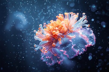 Obraz premium A translucent, glowing coral reef flower, floating in space. Macro photography, isolated on dark blue background.