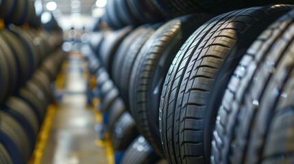 Rows of car tires in a warehouse. Close-up of brand new car tires in a warehouse, ready for distribution and sale.