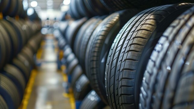 Rows of car tires in a warehouse. Close-up of brand new car tires in a warehouse, ready for distribution and sale.