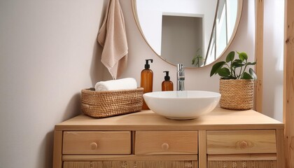 Bright bathroom interior with sink, mirror, and accessories on deck, modern home design