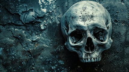 Dark skull on grunge background. Eerie image of a weathered skull resting on a textured, grunge background, suitable for Halloween or dark themes.