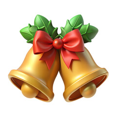 Festive golden bells with red bow and green holly leaves, perfect for Christmas and holiday celebrations, isolated on a white background.