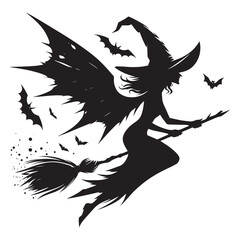 Halloween witch silhouette with broomstick, hats and magic pot vector illustration isolated on white background