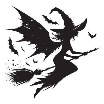 Halloween witch silhouette with broomstick, hats and magic pot vector illustration isolated on white background