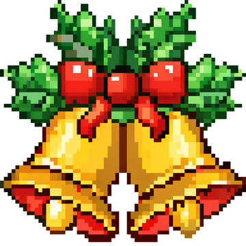 Festive pixel art graphic of Christmas bells with holly leaves and red ribbon, perfect for holiday-themed designs and digital artwork.