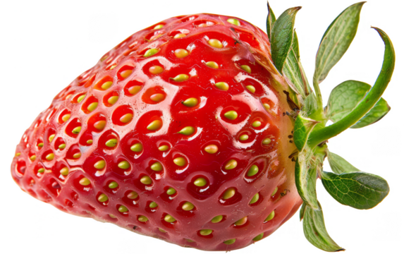 Close-up image of a fresh, ripe strawberry with vibrant red color and green leaves, isolated on white background.