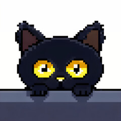 Fototapeta premium Cute pixel art black cat with bright yellow eyes against a colorful background. Perfect for digital art, gaming, and design projects.