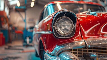 A close-up photo of the headlight and front end of a red classic car in a garage setting. The car is a classic American model with chrome accents and a classic design.