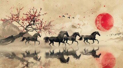 Rearing up horse with ink or watercolor blots stains and autumn tree with fall leaves. Old dirty grunge hand painting art of stallion silhouette. AI generated illustration