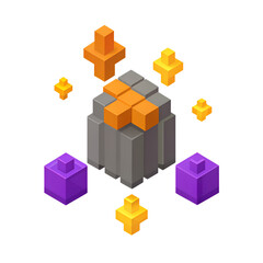 Fototapeta premium Isometric pixel art illustration of a blocky stone structure surrounded by floating yellow and purple cubes against a transparent background.
