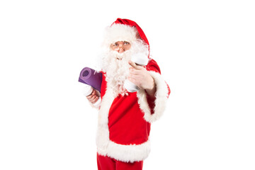 Funny Santa Claus is doing fitness. Taking care of your health. White background.