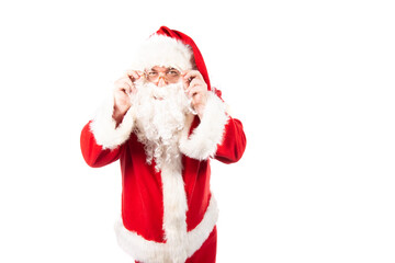 Displeased Santa Claus posing in the studio on a white background.