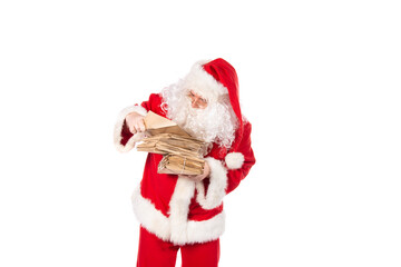 Funny Santa Claus reads mail with wishes. White background.