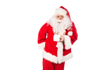 Funny Santa Claus wants to go to the toilet. Health problems. White background.