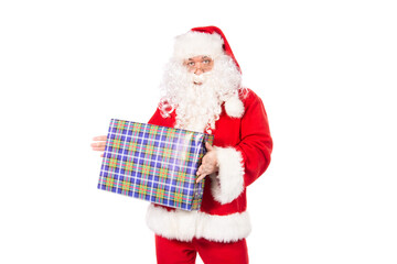 Funny fat Santa with gifts. White background.