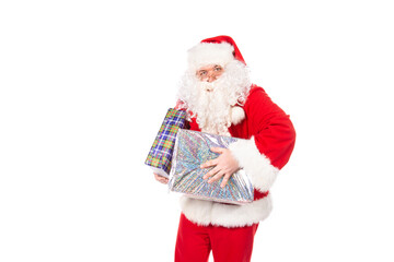 Funny fat Santa with gifts. White background.