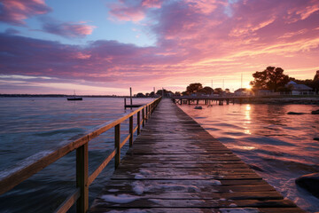 Naklejka premium Vibrant Sunset over Wooden Pier