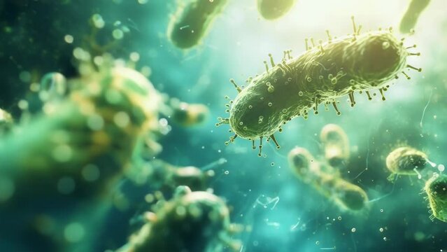Close-up view of bacteria floating underwater, illuminated by sunlight. The image captures the intricate details of the microorganisms, displaying a green hue with spiky outer layers.