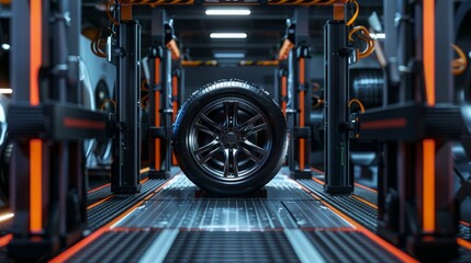Fototapeta premium Close-up of black tire on conveyor belt in automotive factory. Silver rim. Metal conveyor belt with black and orange design.