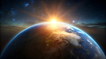 Fototapeta premium Stunning sunrise over Earth viewed from space, highlighting the planet's curvature and vibrant atmosphere against the backdrop of a starry sky.