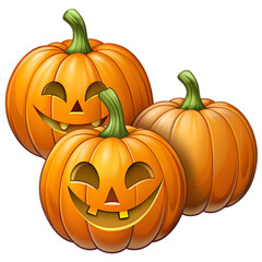 Fototapeta premium Three vibrant orange pumpkins with cheerful carved faces, perfect for Halloween decorations and autumn-themed designs.