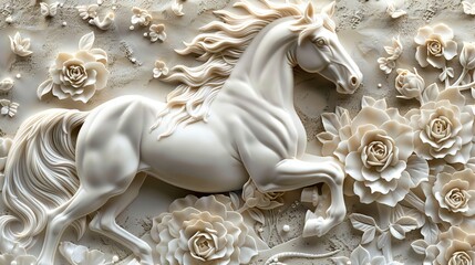 Beautiful horse 3d relief wallpaper. Mural wallpaper. Wall art. AI generated illustration.