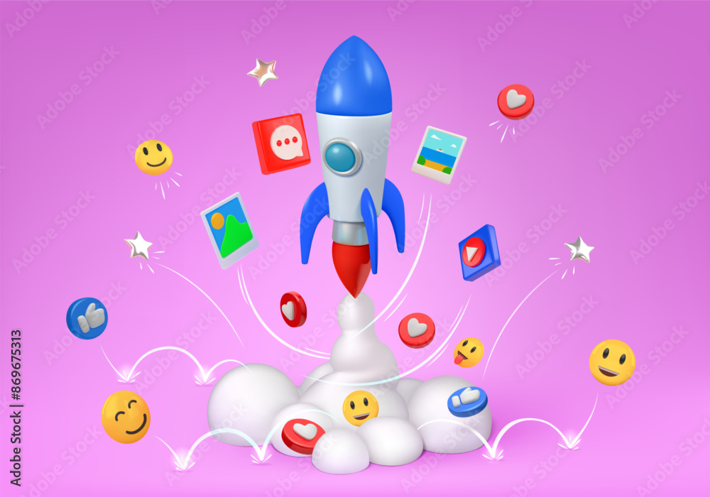 Poster 3d rocket. social media icon of business technology, marketing and communication internet banner . i