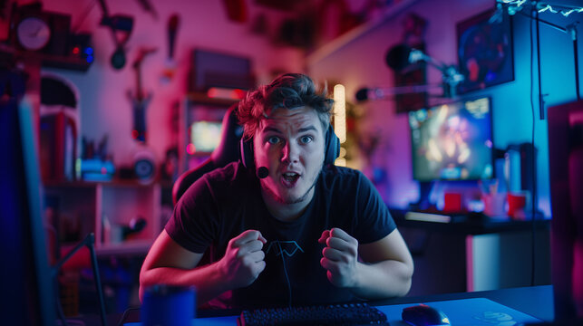 A YouTuber, streamer, or gamer in their recording setup or gaming space. Concept of digital life, entertainment, streaming, influencer, new professions, digital nomads, and the internet.