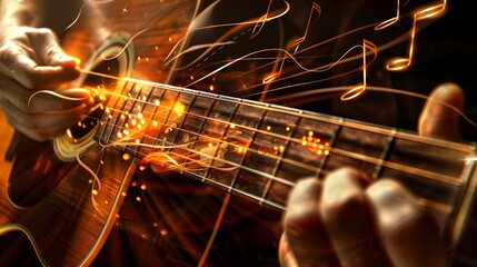 Playing the Guitar: Close-up of hands strumming the strings of an acoustic guitar, with musical notes around.